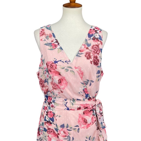 Eliza J Dress Women 18 Fits 14/16 Pink Floral Ruched Chiffon Faux Wrap Swiss Dot - Picture 2 of 15